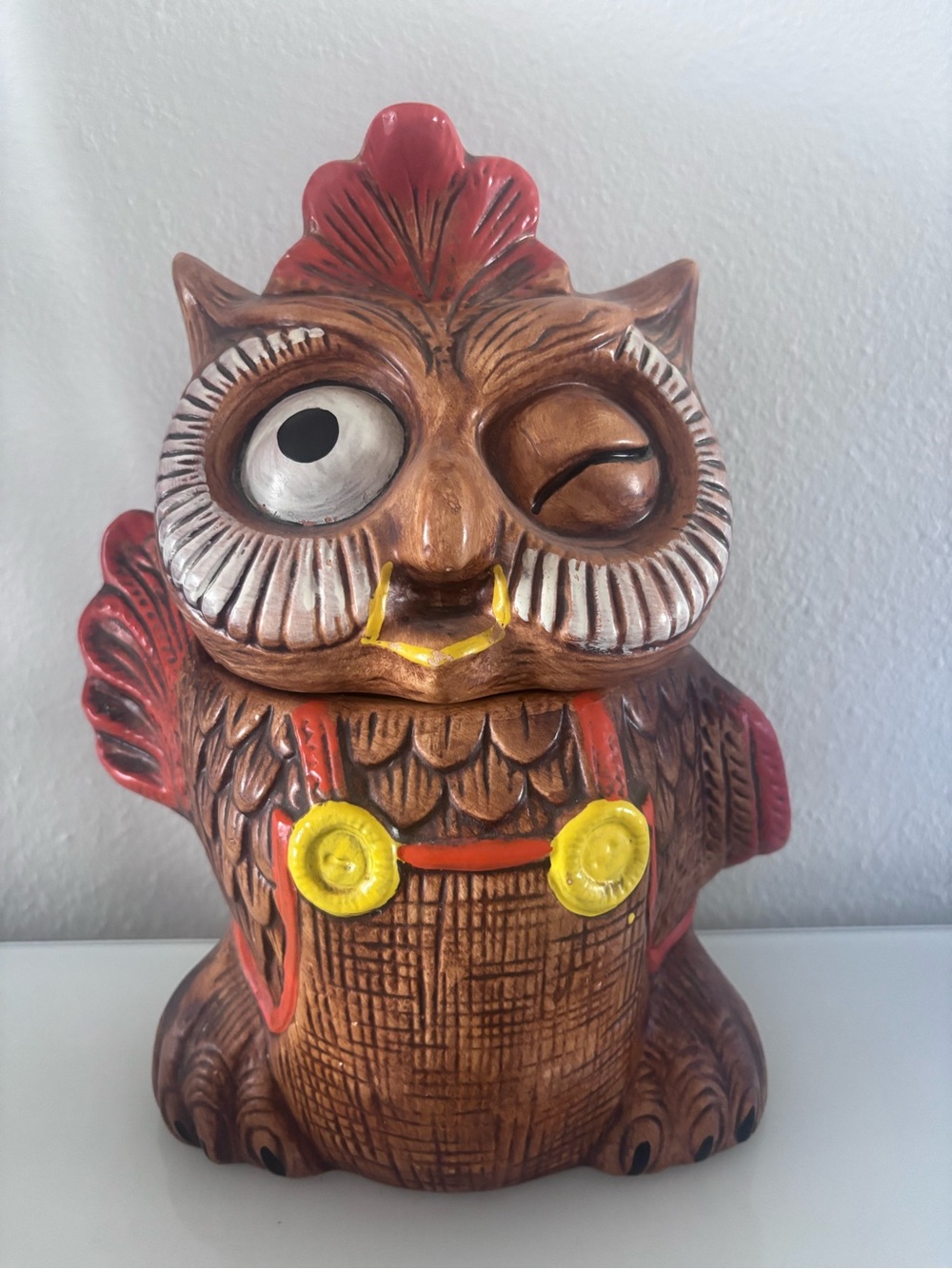 Vintage Winking Owl Cookie Jar Ceramic 60s 70s Kitsch Kitchen Decor Folk Art